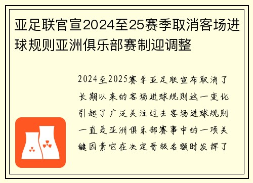 亚足联官宣2024至25赛季取消客场进球规则亚洲俱乐部赛制迎调整 亚足联官宣2024至25赛季取消客场进球规则亚洲俱乐部赛制迎调整
